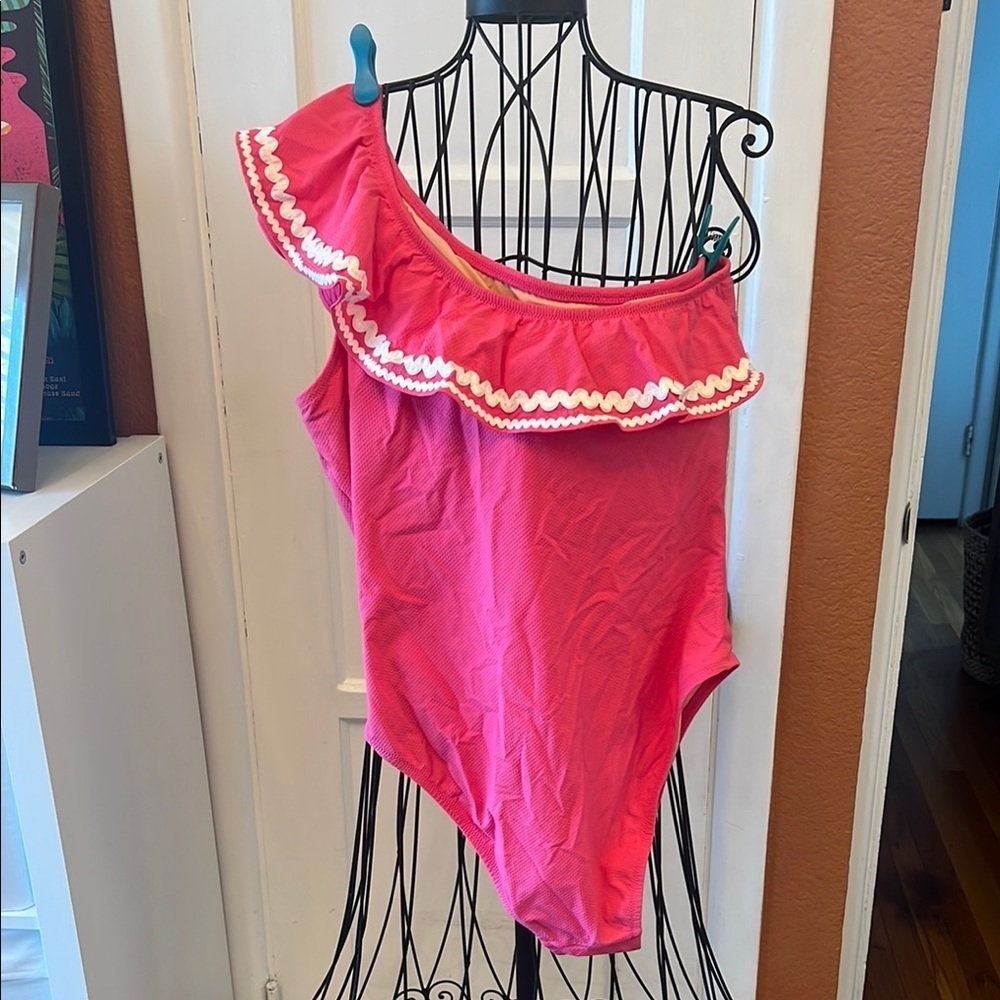 J Crew One Shoulder Hot Pink Ruffle Ric Rac One-piece Swimsuit-Size 8 - Picture 3 of 4